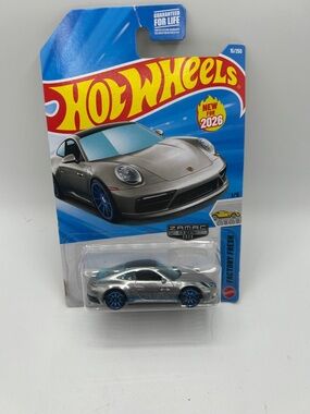 Hot Wheels Silver ZAMAC Porsche-Inspired Toy Car with Blue Wheels